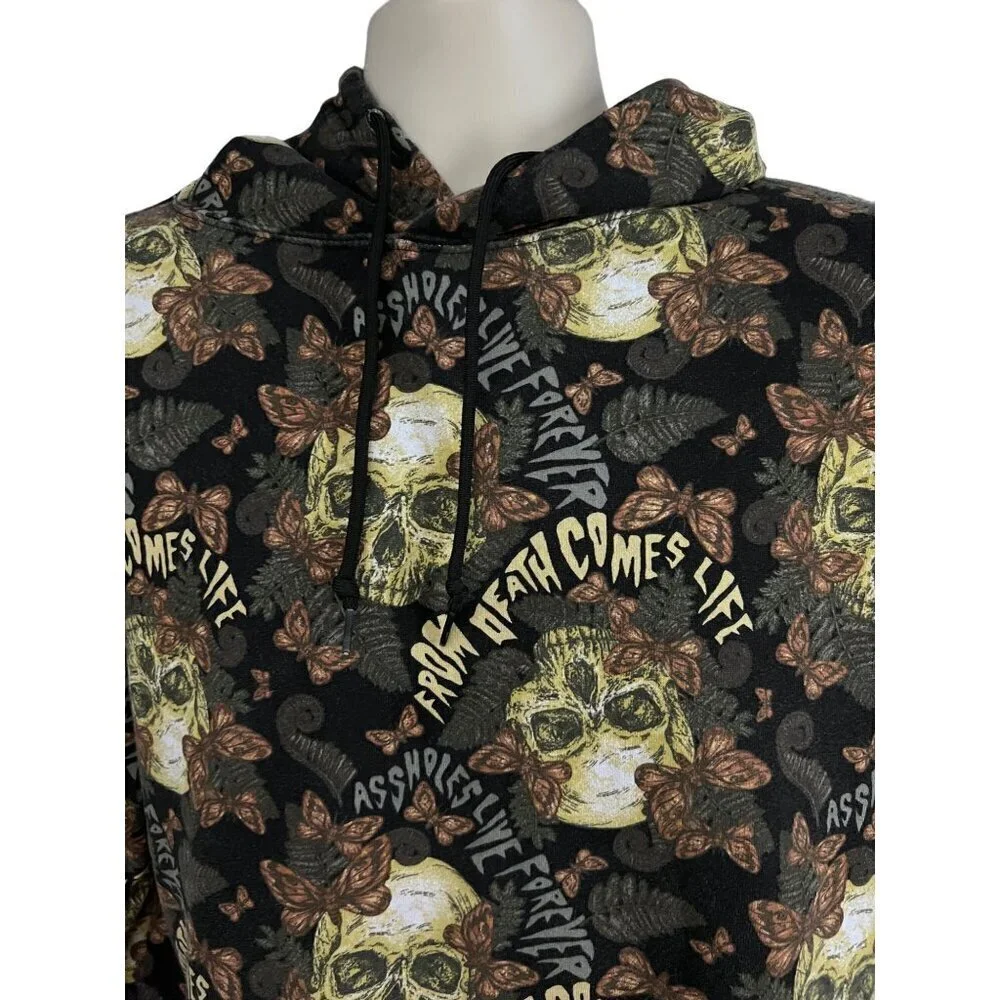 Assholess Live Forever All Over Graphic Skulls Pullover Hoodie Sweatshirt Medium